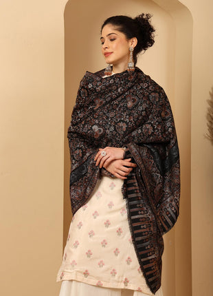 tweedle Women’s Black Naira Kani Design Shawl/Stole, Faux Pashmina, Zari Border Scarf for Ladies, Size - 40 x 80 inches 