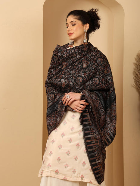 tweedle Women’s Black Naira Kani Design Shawl/Stole, Faux Pashmina, Zari Border Scarf for Ladies, Size - 40 x 80 inches 
