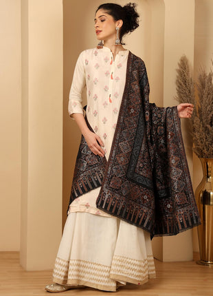 tweedle Women’s Black Naira Kani Design Shawl/Stole, Faux Pashmina, Zari Border Scarf for Ladies, Size - 40 x 80 inches 