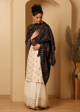 tweedle Women’s Black Naira Kani Design Shawl/Stole, Faux Pashmina, Zari Border Scarf for Ladies, Size - 40 x 80 inches 