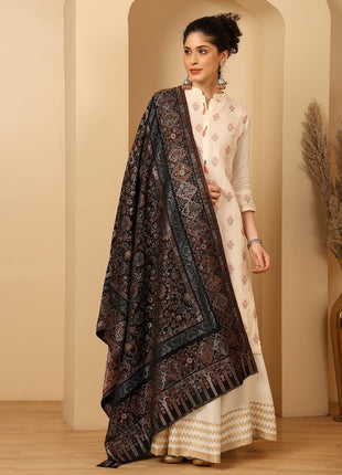 tweedle Women’s Black Naira Kani Design Shawl/Stole, Faux Pashmina, Zari Border Scarf for Ladies, Size - 40 x 80 inches 