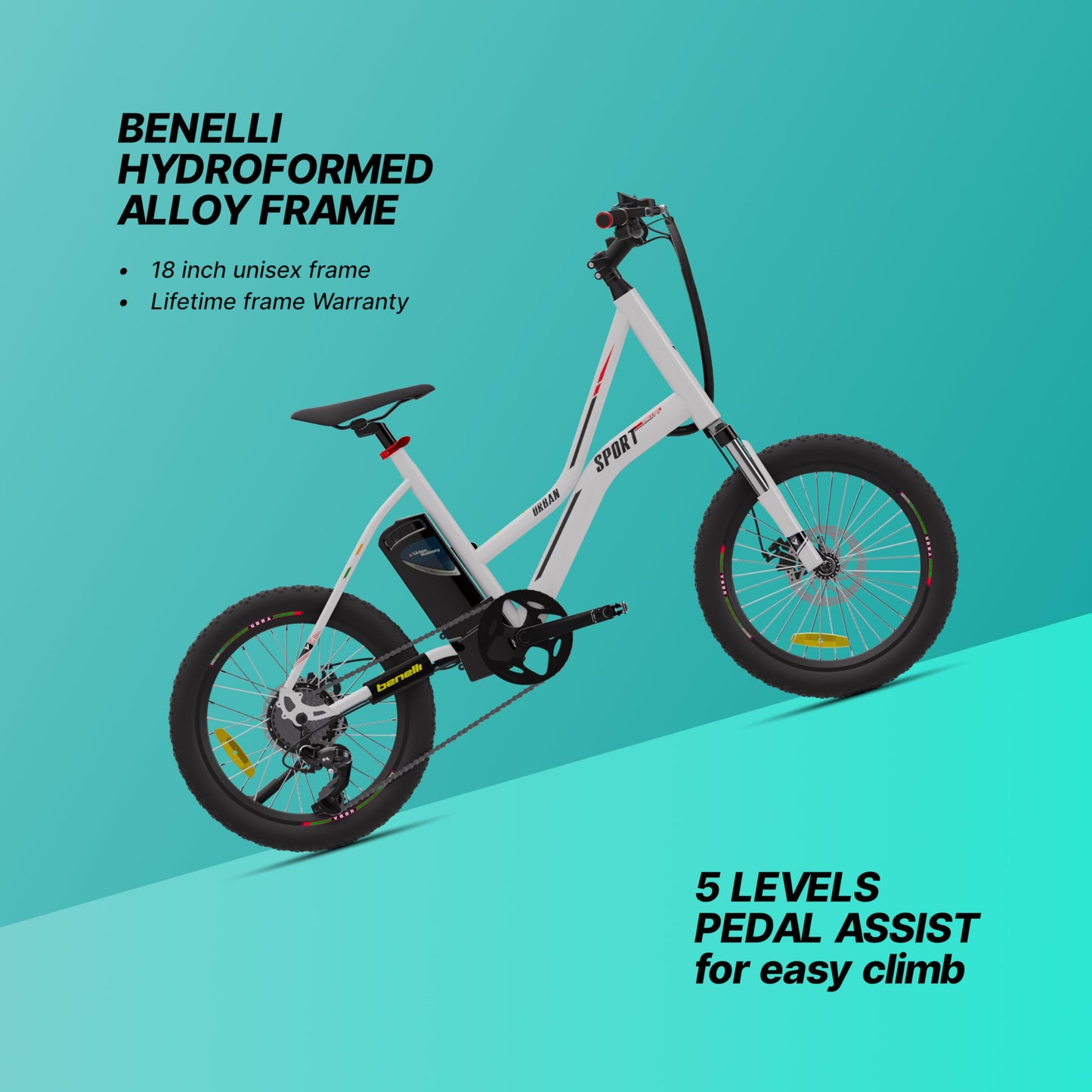 vaan Urbansport Electric Bicycle with Display, Benelli Hydroformed Alloy Frame and 5 Levels Pedal Assist for Easy Climb (White, E-Cycle Weight- 25kg) 