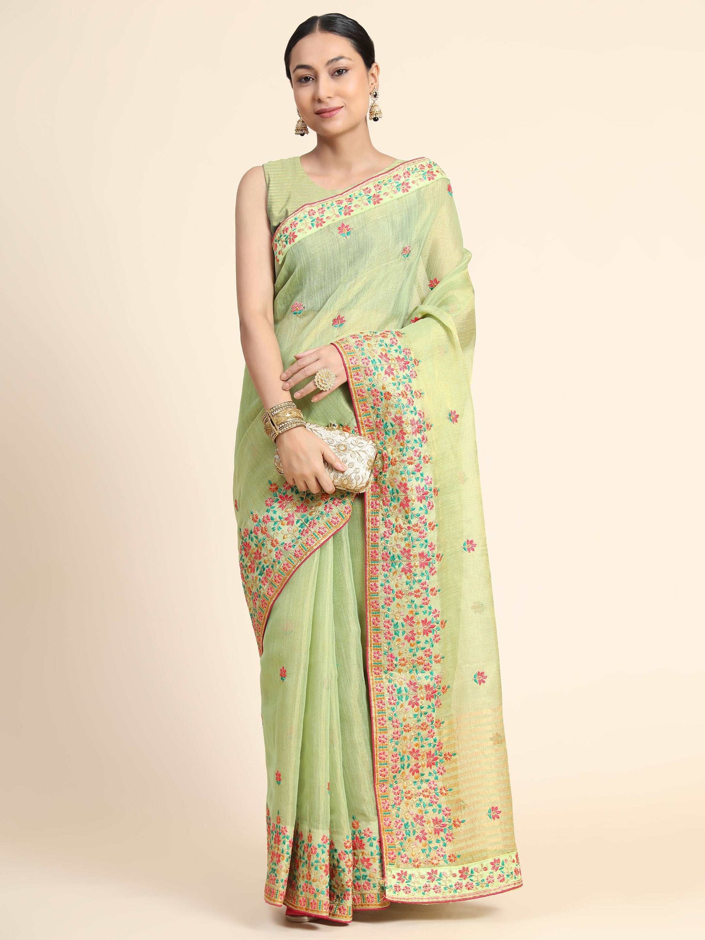 Gold Tissue Embroidered Panel Work Saree Pista Green Saris & Lehengas