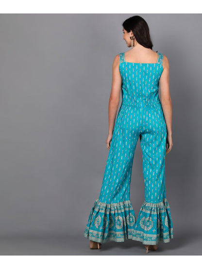 Rayon Printed Flared Jumpsuit (Turquoise Blue) SELECT Jumpsuit