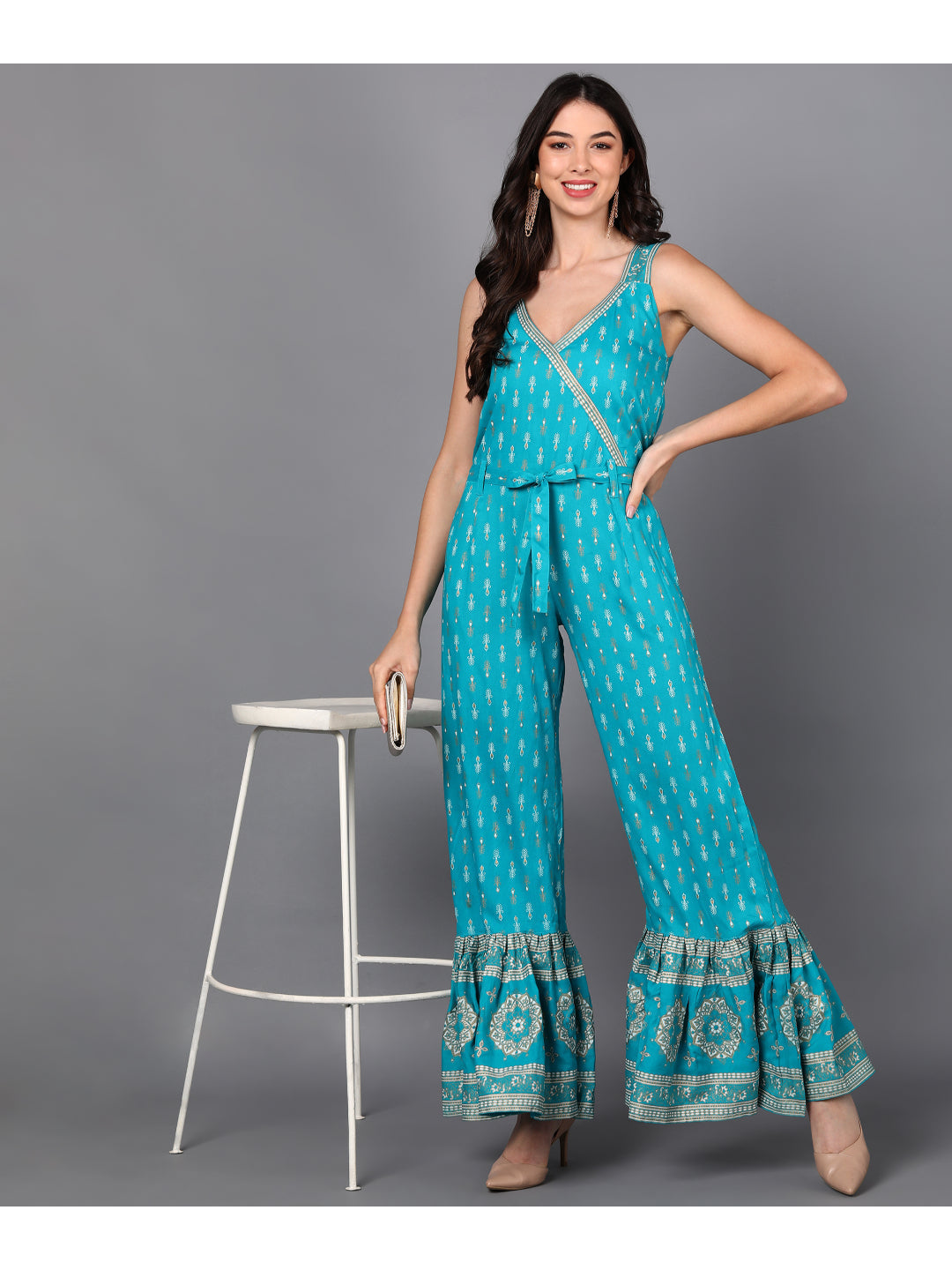 Rayon Printed Flared Jumpsuit (Turquoise Blue) SELECT Jumpsuit