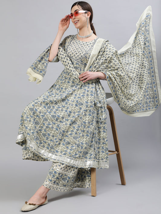 Women Cotton Round Neck 3/4 Sleeve Printed Flared Malmal Dupatta Kurta Set - Kurta Set