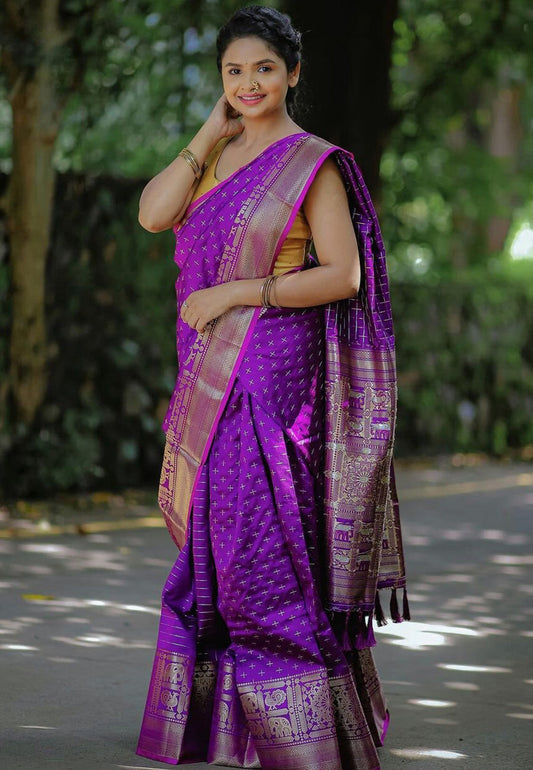 Apurva Gore in Suhasini Soft Silk Woven Saree Purple Saris & Lehengas