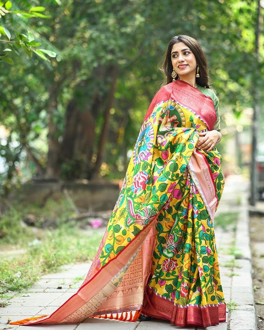 Kalamkari Gala Printed Woven Saree Yellow with Red Saris & Lehengas