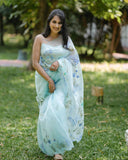 Organza Hand Painted Foil Floral Saree Cloudy Blue