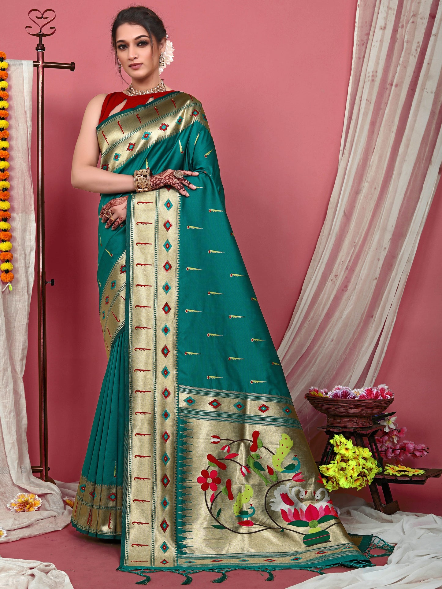 Muniya Paithani Silk Woven Saree Teal Blue Saris & Lehengas