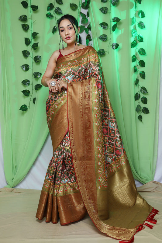 Gala Ikat Patola Printed Woven Saree Mehendi Gold Saris & Lehengas