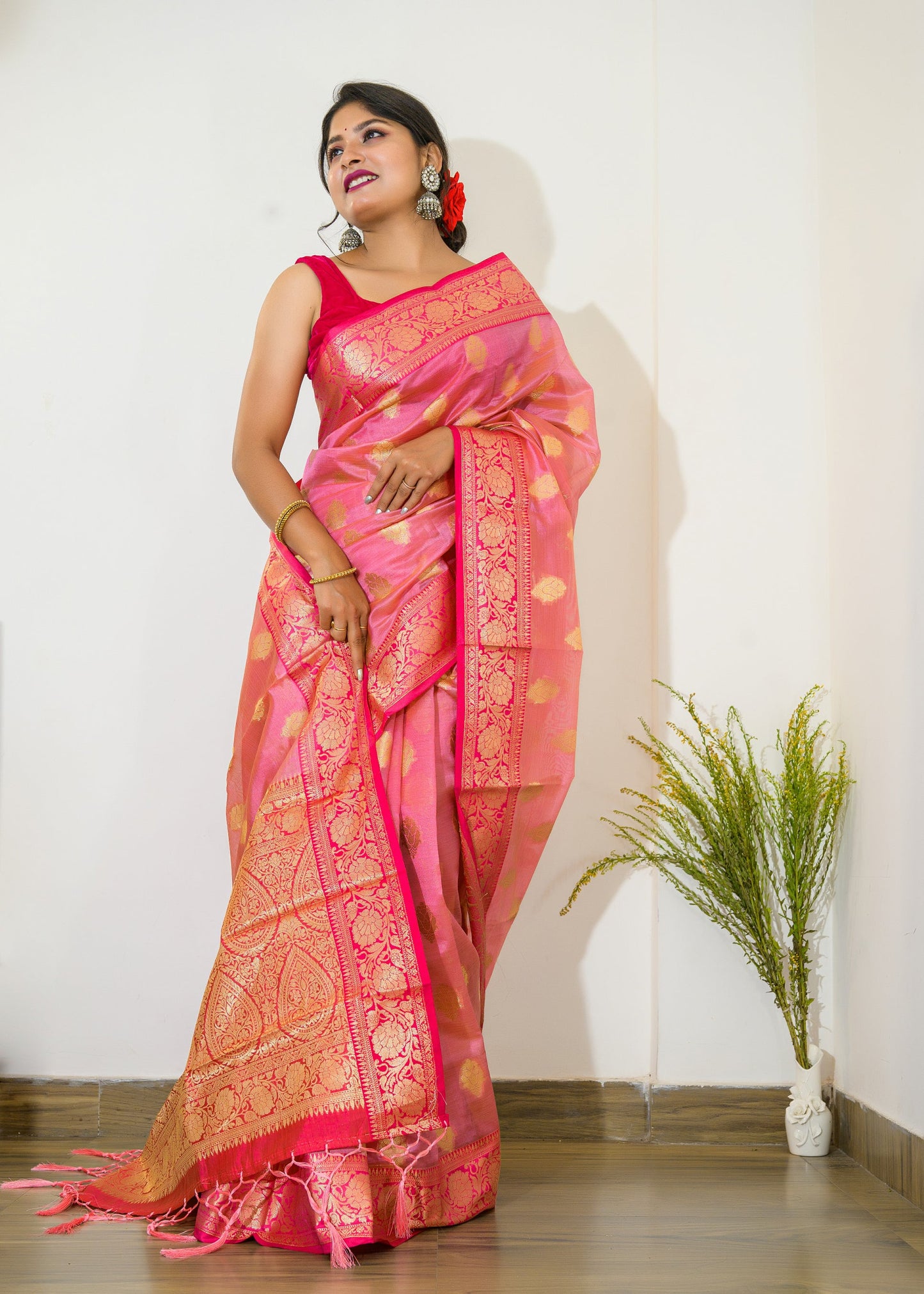 Organza Chaap Woven Dusty Pink Saris & Lehengas