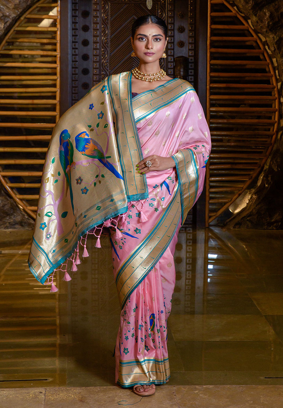 Baby Pink Mayuri Banarasi Paithani Silk Woven Saree