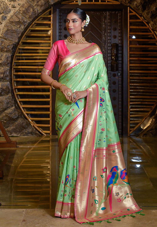 Pistachio Green Mayuri Banarasi Paithani Silk Woven Saree