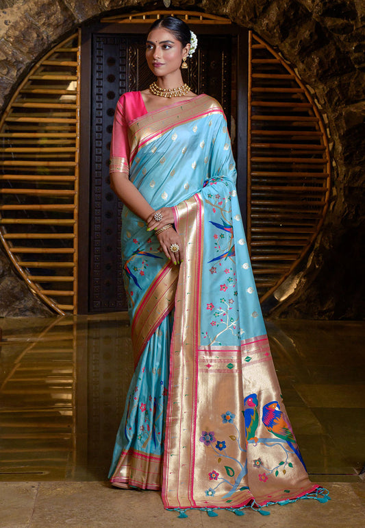 Baby Blue Mayuri Banarasi Paithani Silk Woven Saree