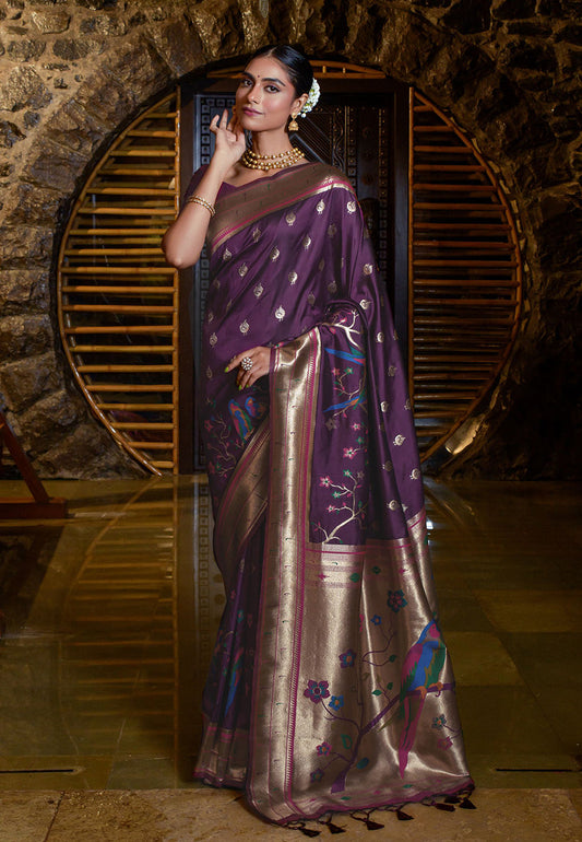 Purple Magenta Mayuri Banarasi Paithani Silk Woven Saree