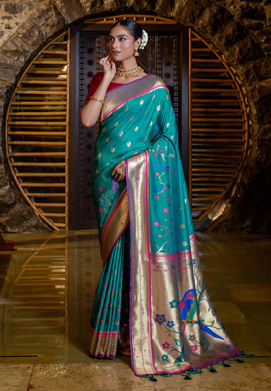 Teal Mayuri Banarasi Paithani Silk Woven Saree