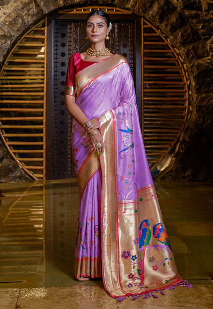 Lavender Mayuri Banarasi Paithani Silk Woven Saree