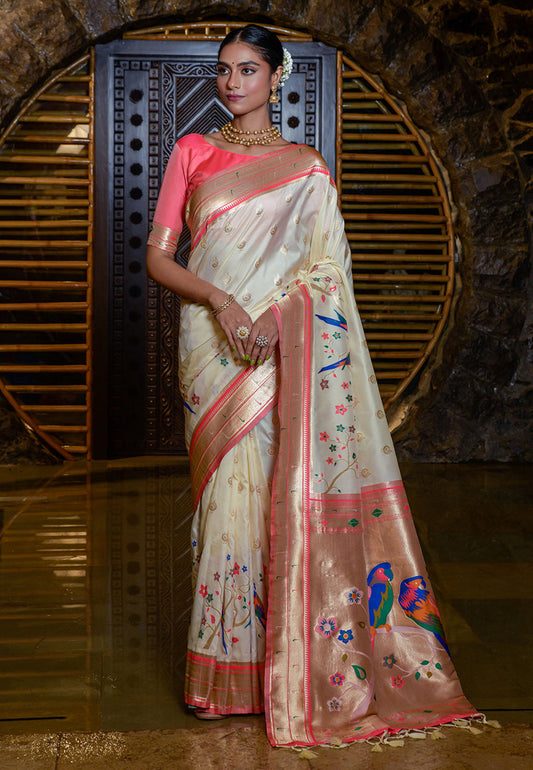 Ivory Mayuri Banarasi Paithani Silk Woven Saree