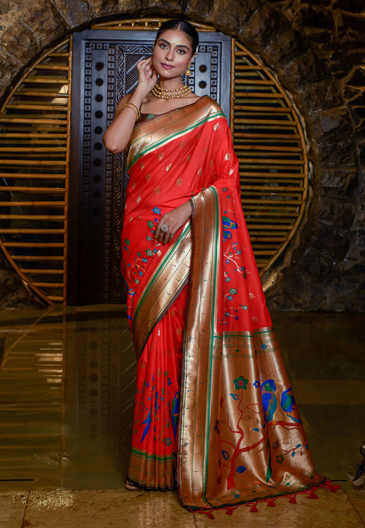 Red Mayuri Banarasi Paithani Silk Woven Saree