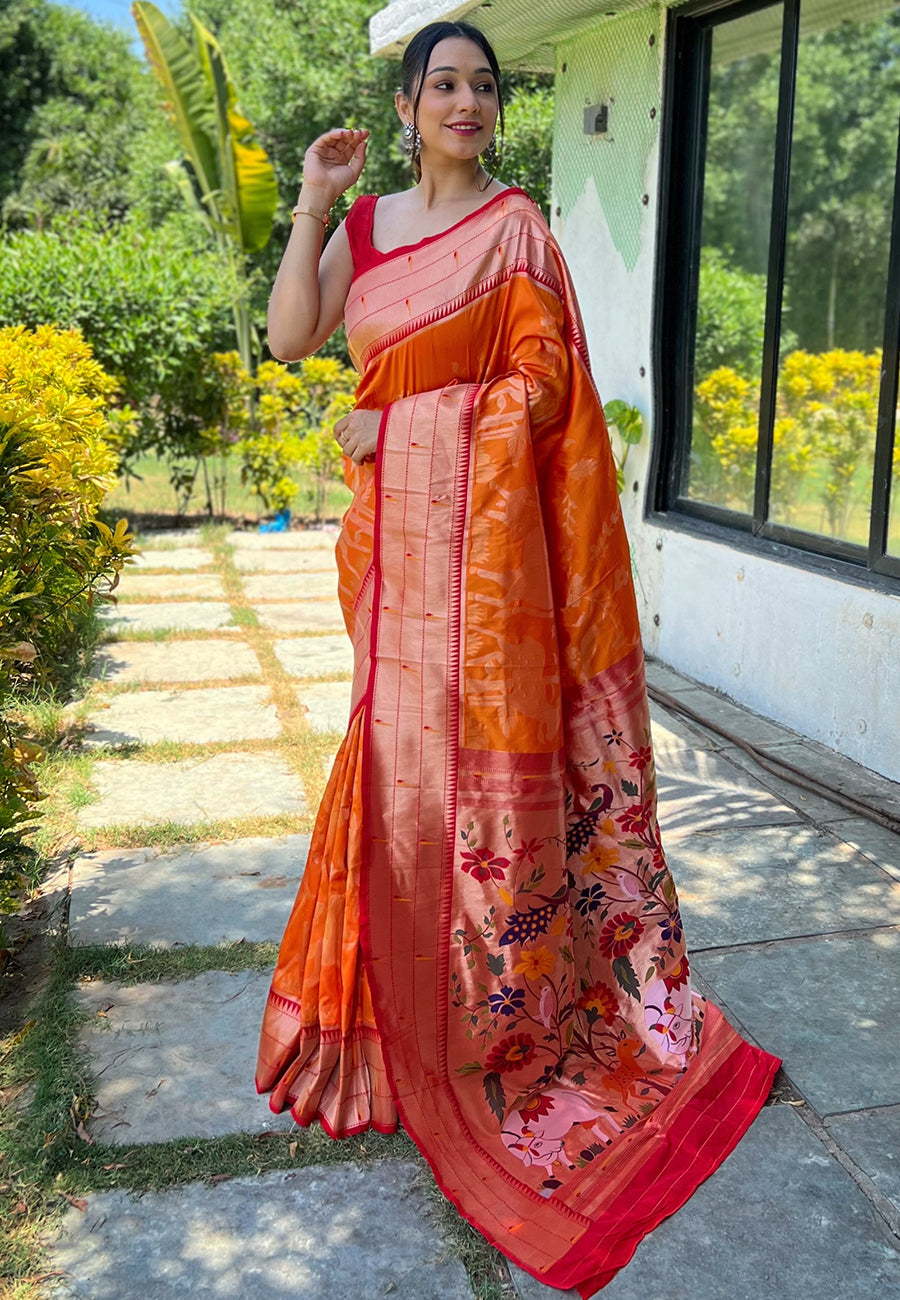 Orange Gauri Paithani Silk Pichwai Woven Saree