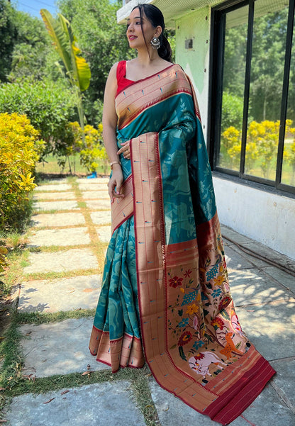 Cyan Blue Gauri Paithani Silk Pichwai Woven Saree