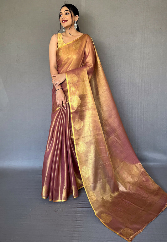 Copper Brown Gulabo Banarasi Tissue Silk Zari Woven Saree