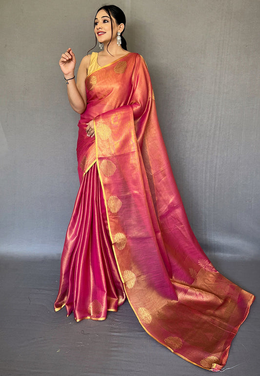 Deep Rose Pink Gulabo Banarasi Tissue Silk Zari Woven Saree