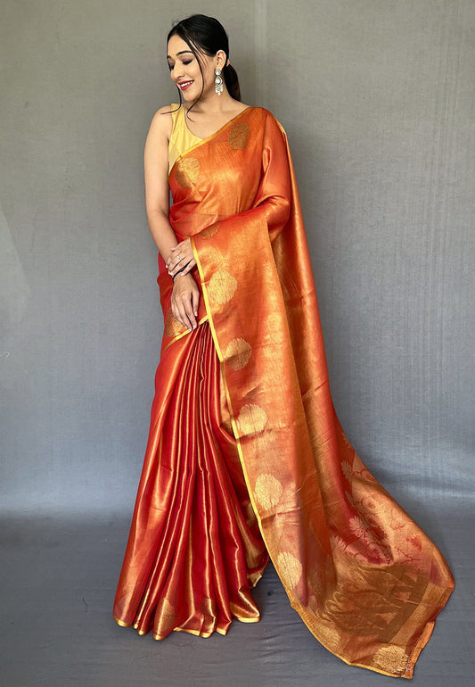 Rust Orange Gulabo Banarasi Tissue Silk Zari Woven Saree