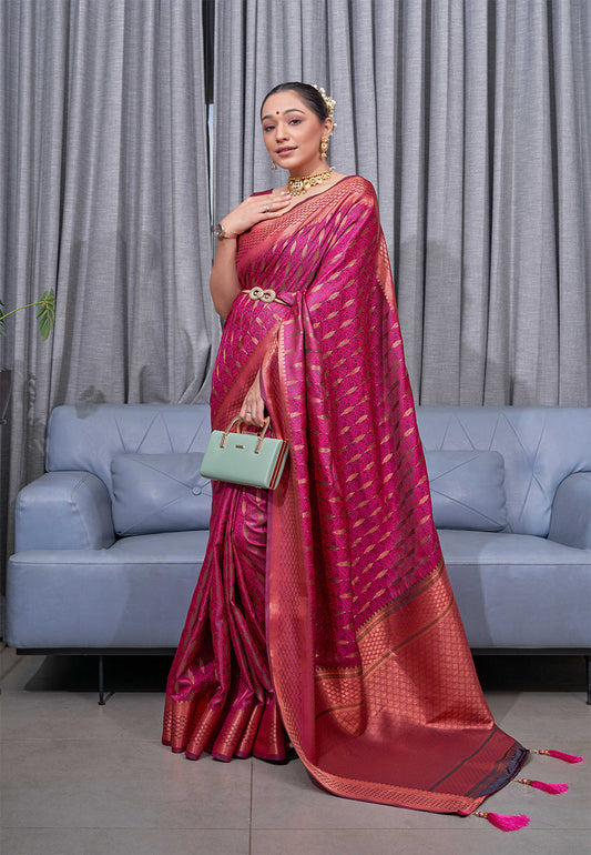 Burgundy Pink Saraswati Banarasi Silk Woven Saree