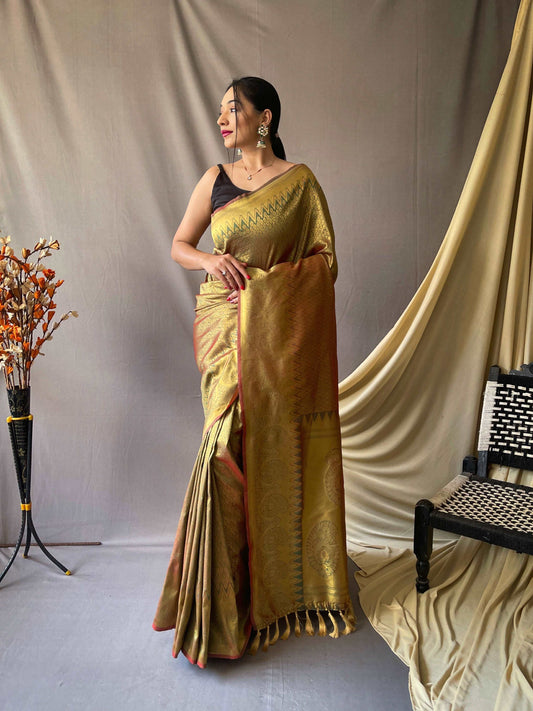 Pure Kanjeevaram Silk Woven Saree Mehendi Gold Saris & Lehengas