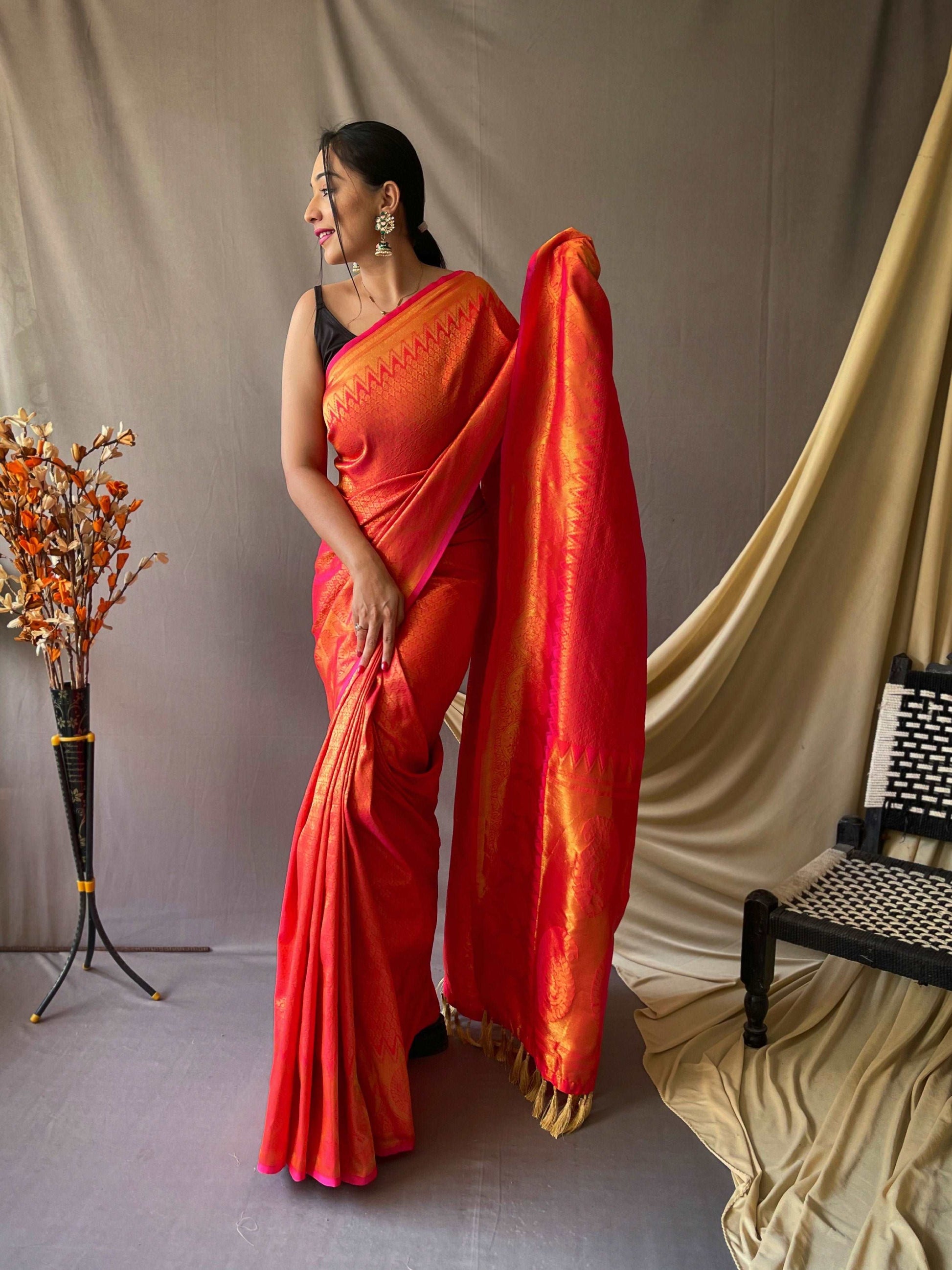 Pure Kanjeevaram Silk Woven Saree Raspberry Pink Saris & Lehengas