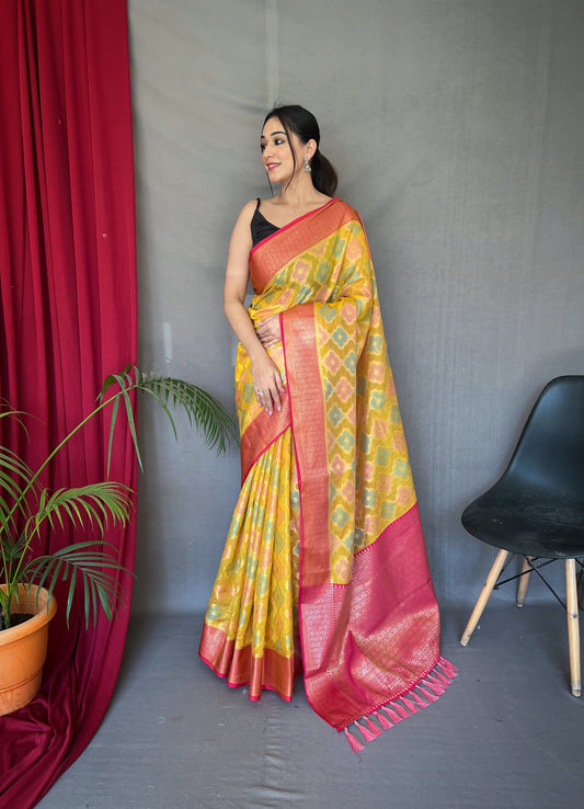 Rangkart Vol. 1 Organza Contrast Woven Saree Yellow Saris & Lehengas