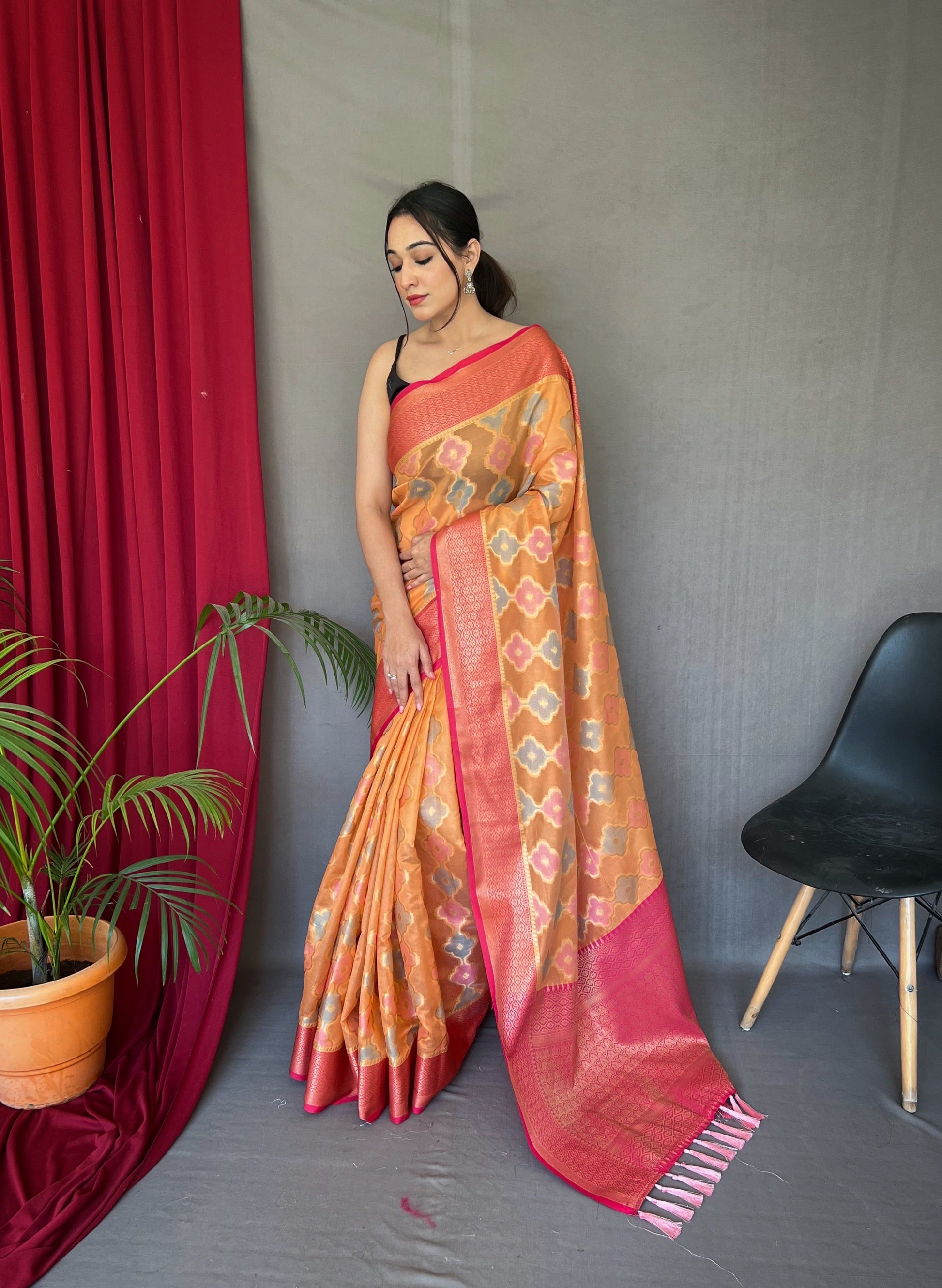 Rangkart Vol. 1 Organza Contrast Woven Saree Pastel Orange Saris & Lehengas
