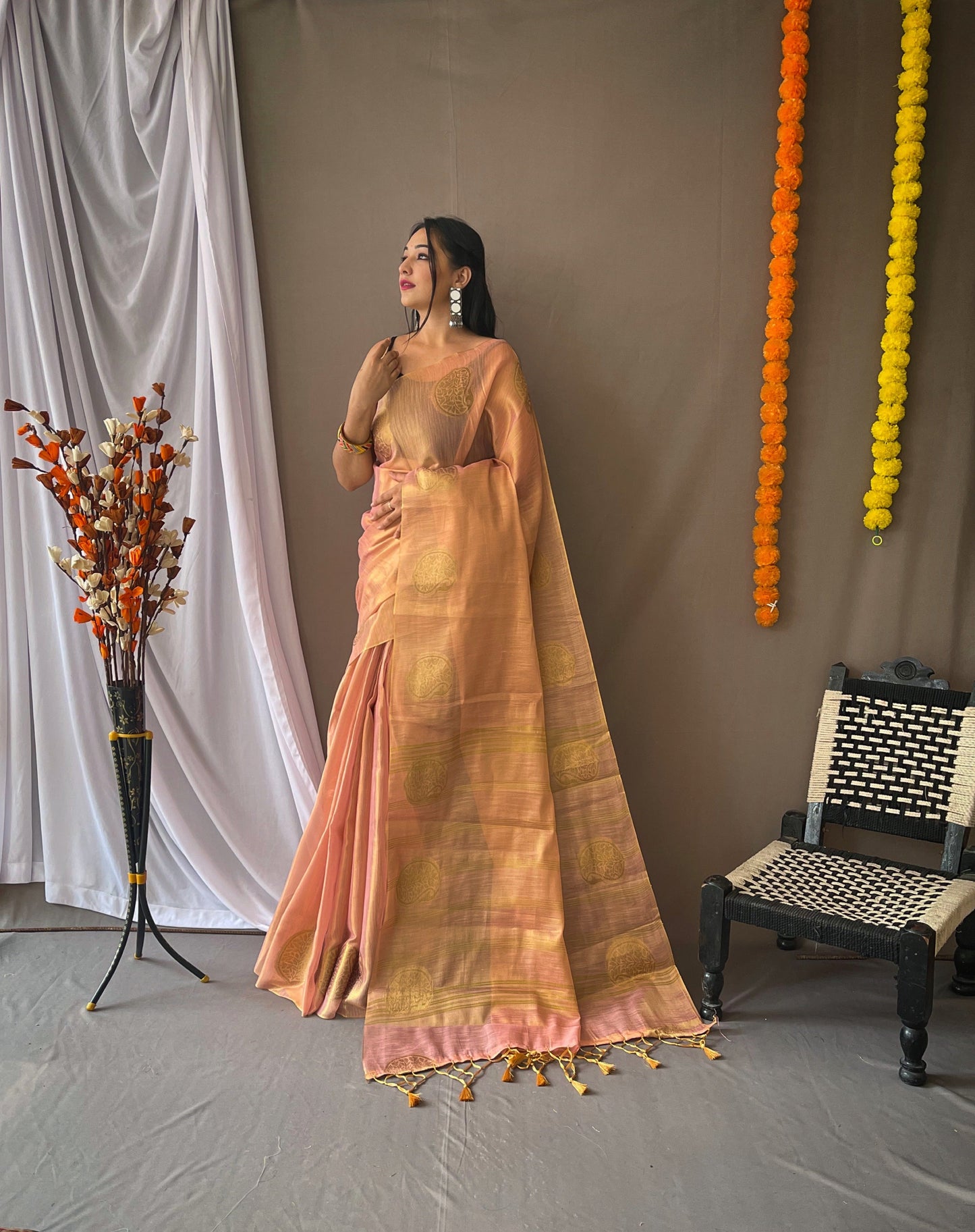 Tissue Woven Silk Saree Skin Color Saris & Lehengas