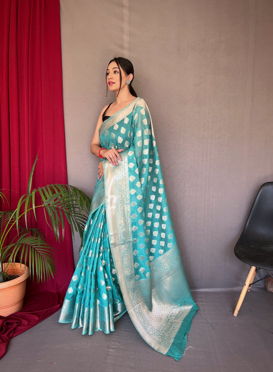 Fountain Blue Man Mohini Cotton Muslin Woven Saree Saris & Lehengas