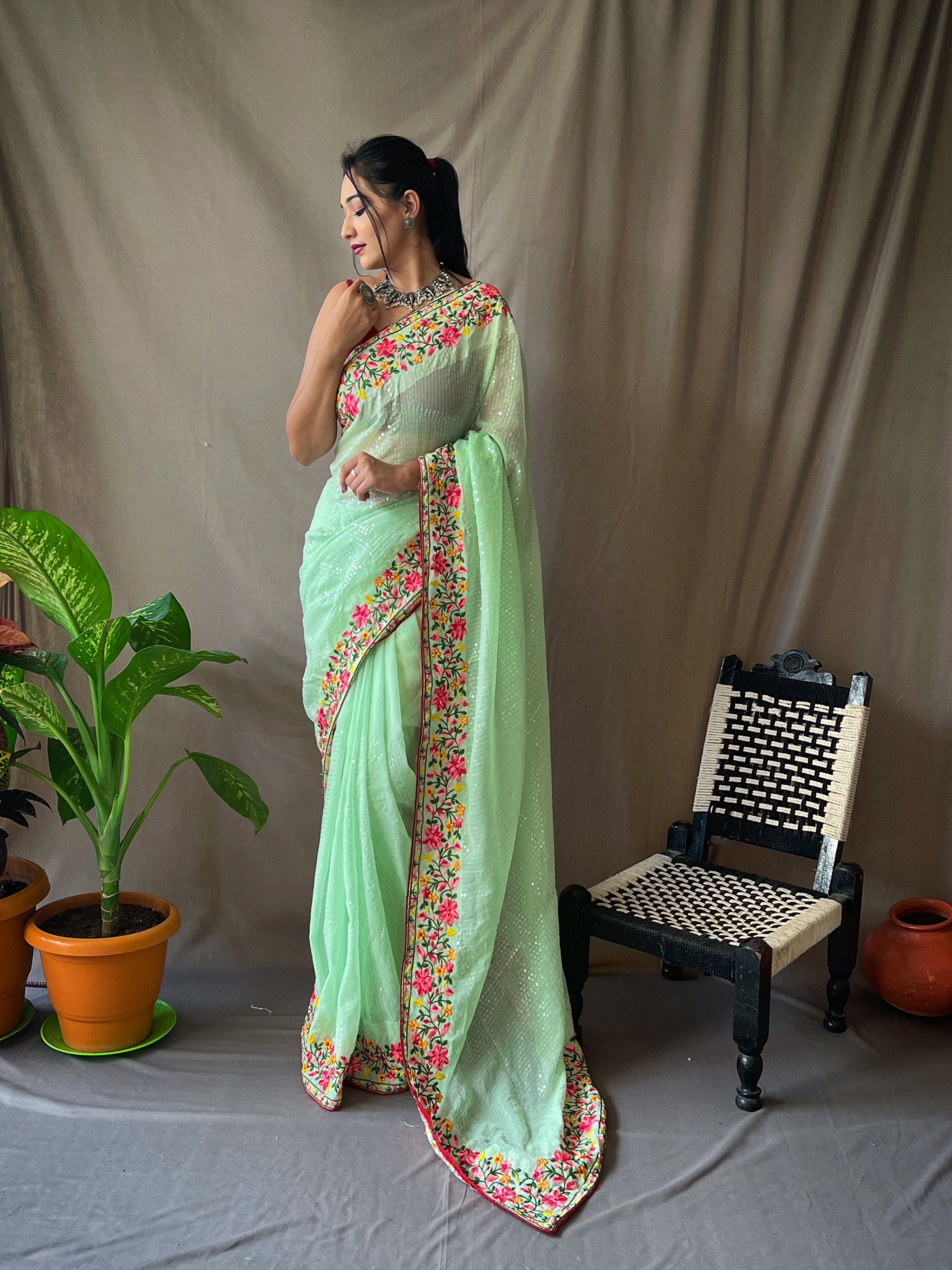 Georgette Sequins Designer Saree Soft Green Saris & Lehengas