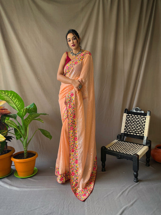 Georgette Sequins Designer Saree Peach Saris & Lehengas