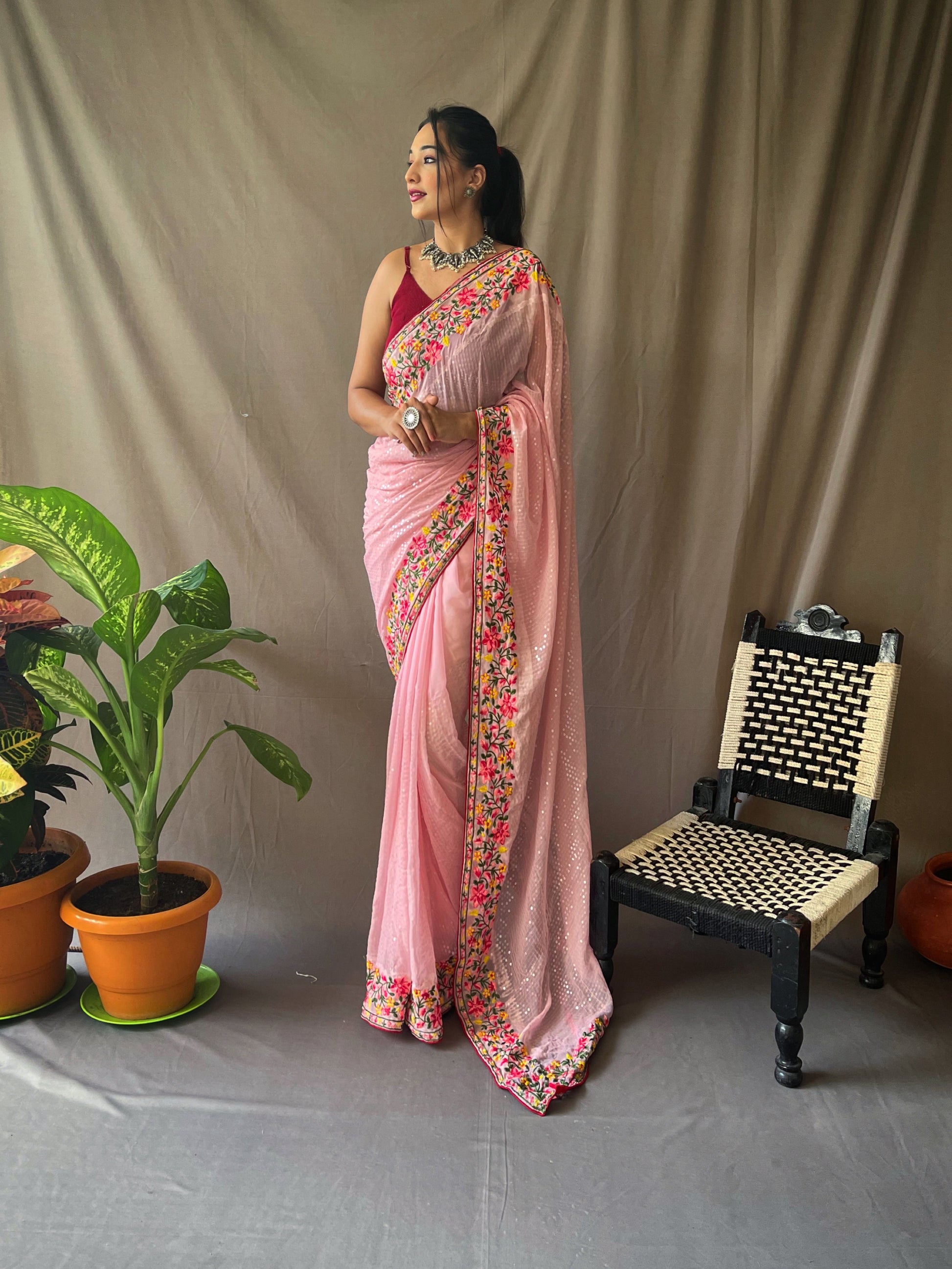 Georgette Sequins Designer Saree Pastel Pink Saris & Lehengas