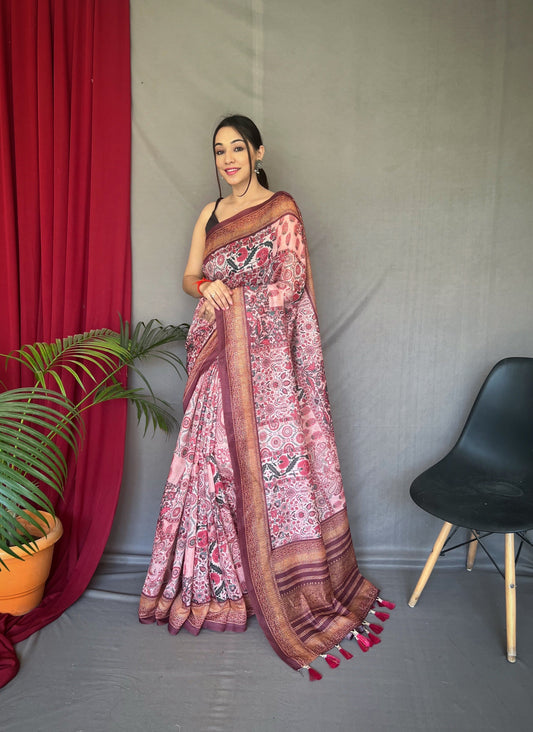 Baby Pink Ajrakh Carpet Silk Cotton Printed Saree