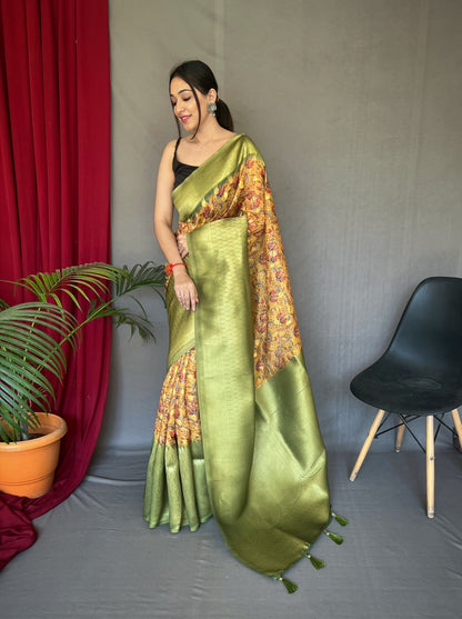 Orange Green Kora Muslin Kalamkari Silk Woven Saree Saris & Lehengas