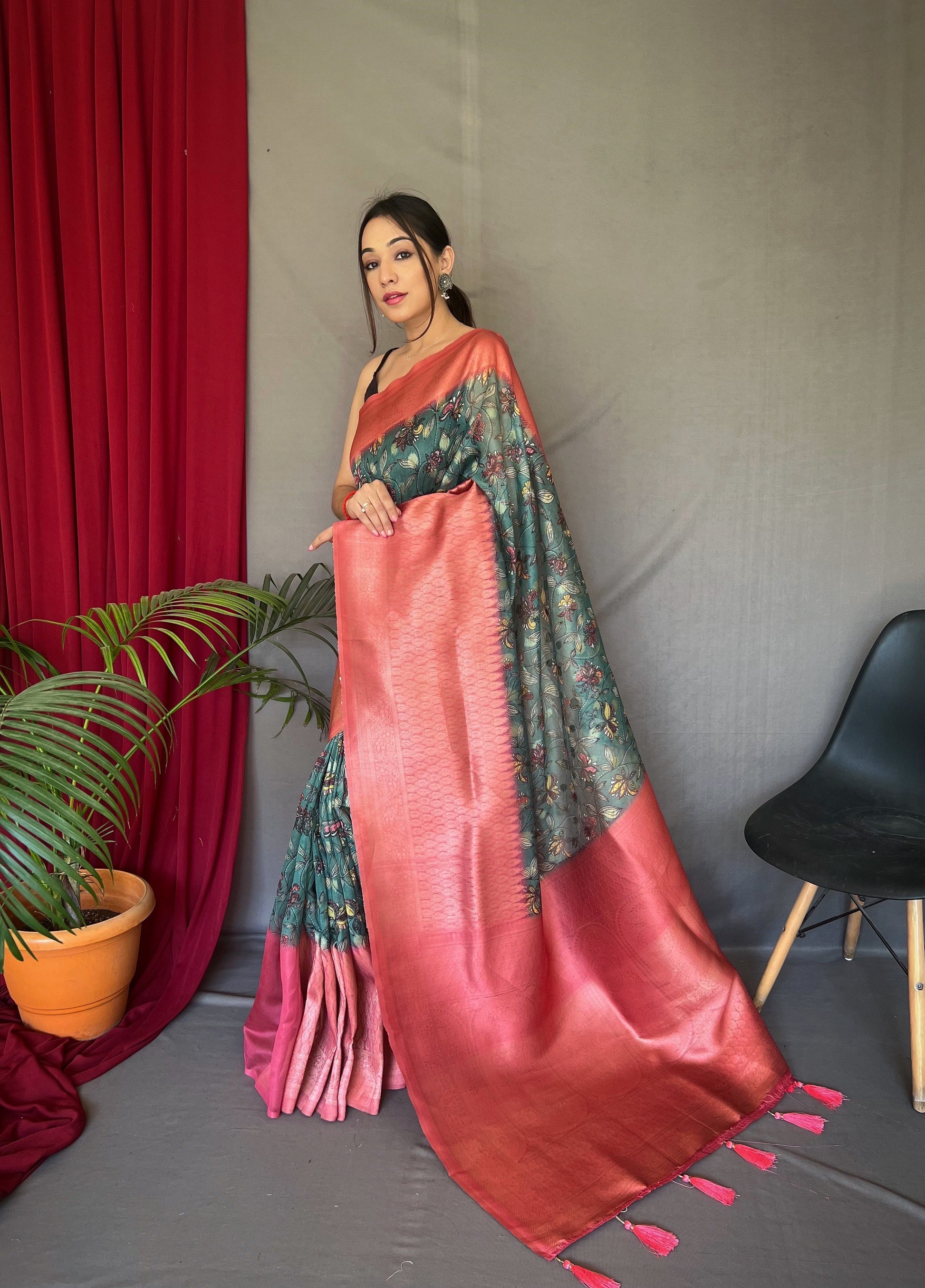 Marble Blue Pink Kora Muslin Kalamkari Silk Woven Saree Saris & Lehengas