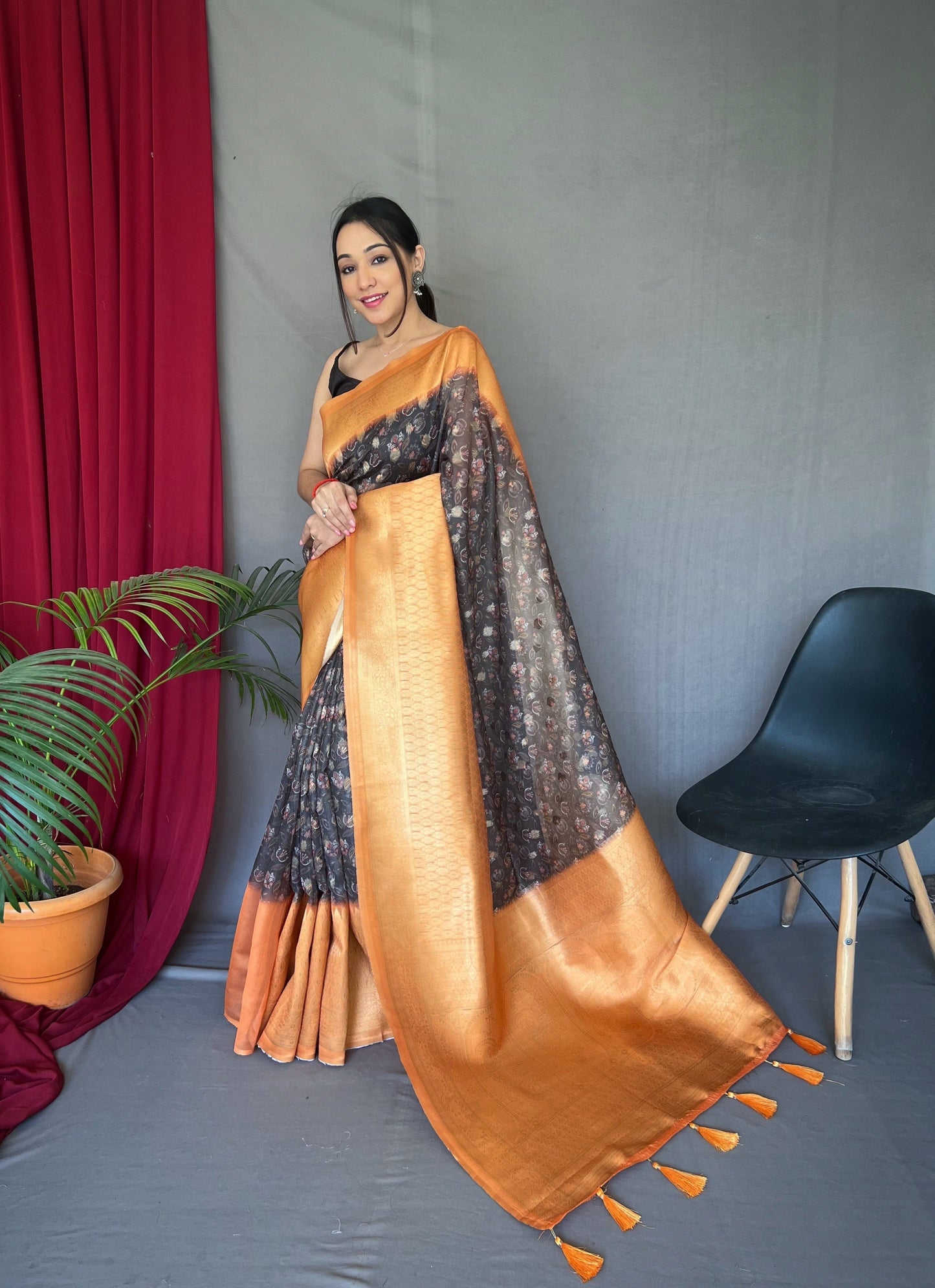 Black Peach Kora Muslin Kalamkari Silk Woven Saree Saris & Lehengas