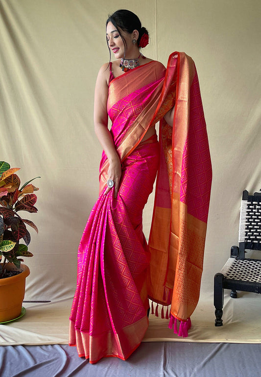 Pink Beautiful Bandhej Patola Meenakari Zari Woven Saree Saris & Lehengas