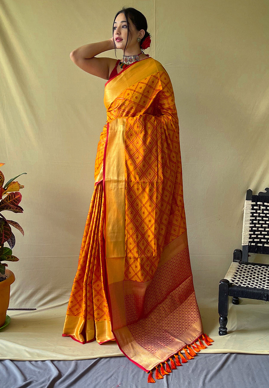 Mustard Yellow Beautiful Bandhej Patola Meenakari Zari Woven Saree Saris & Lehengas