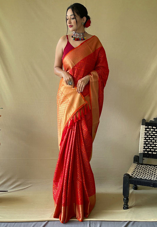 Red Beautiful Bandhej Patola Meenakari Zari Woven Saree Saris & Lehengas