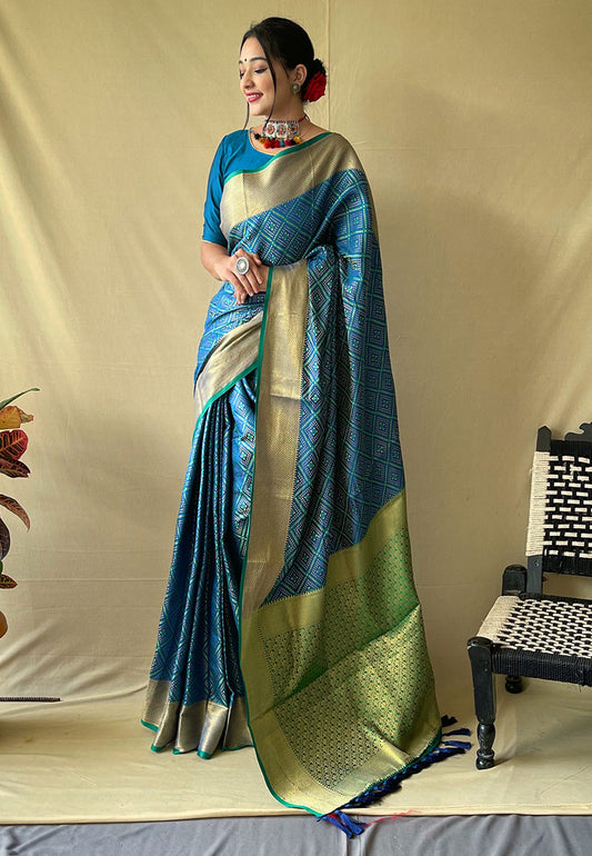 Denim Blue Beautiful Bandhej Patola Meenakari Zari Woven Saree Saris & Lehengas