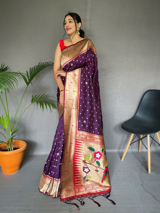 Polka Paithani Silk Woven Saree Grape Purple Saris & Lehengas