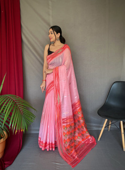 Pink Cotton Ikat Woven Saree Saris & Lehengas