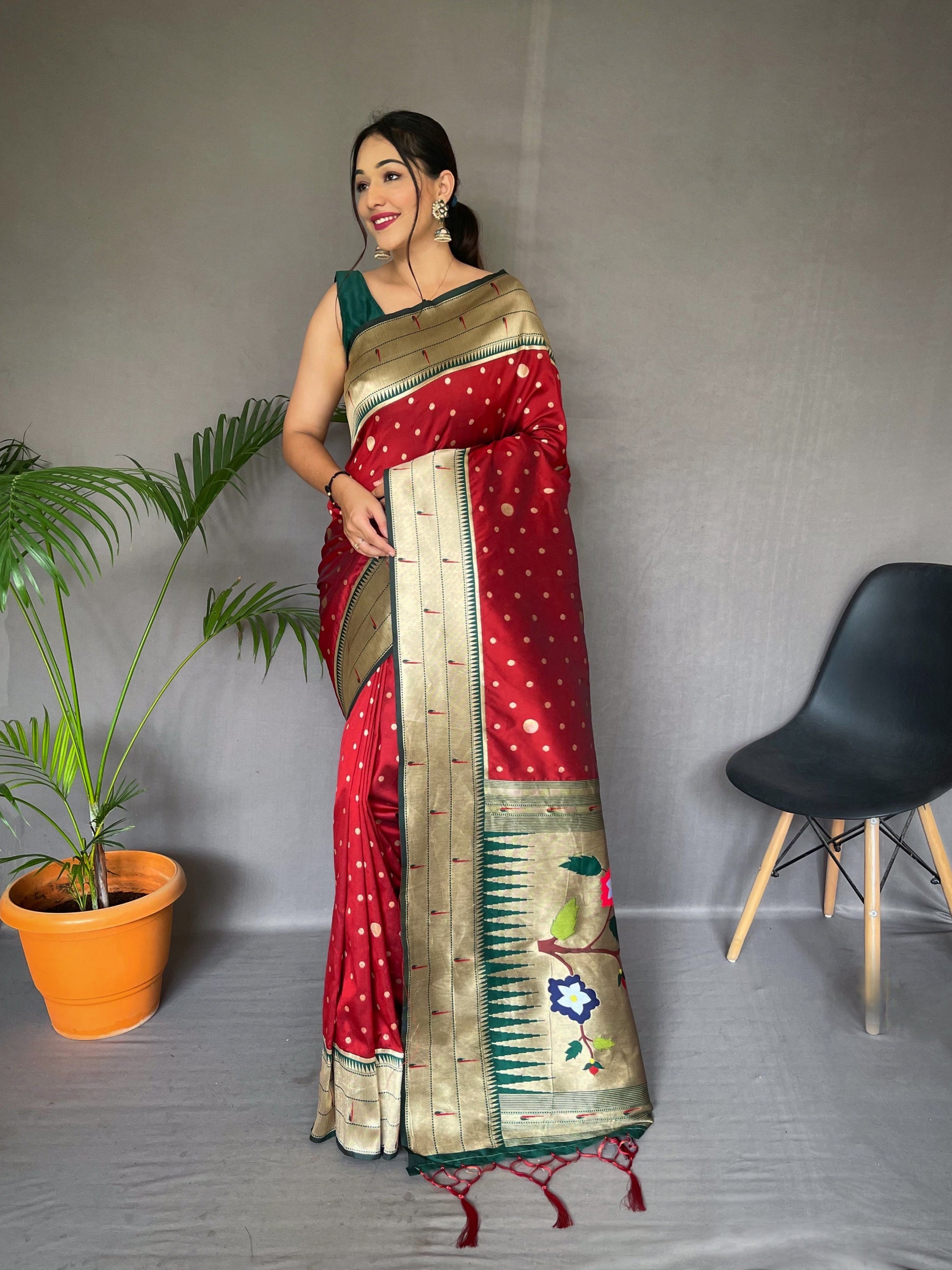Polka Paithani Silk Woven Saree Maroon Saris & Lehengas